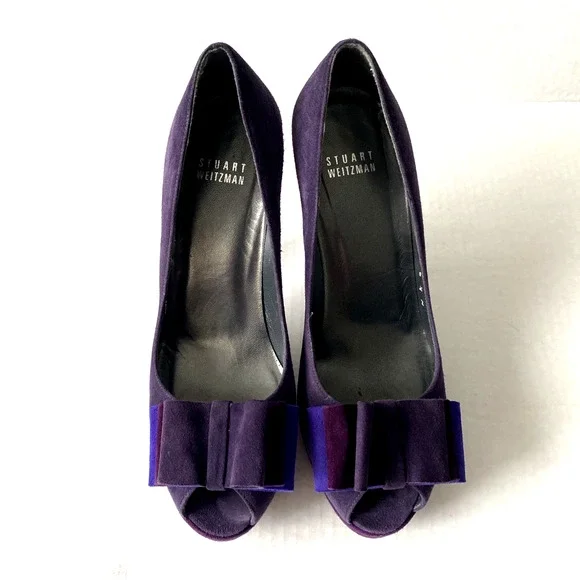 Stuart Weitzman Pump Platform Slim Heel Moda Purple Suede Peep Toe Bow 6.5